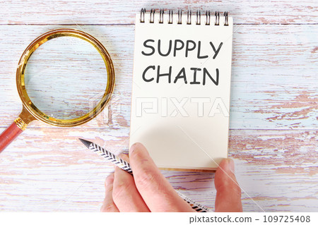 SUPPLY CHAIN written on a blank sheet of a notebook which is touched by a man's hand with a pencil and a magnifying glass is lying next to it 109725408