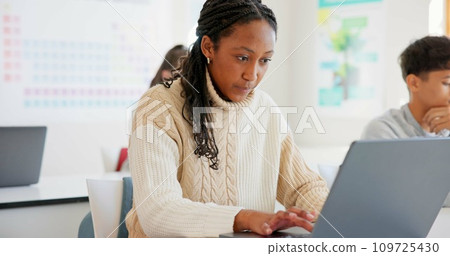 Girl, students and laptop in a classroom, knowledge and creativity with connection, typing and learning. African person, academic and pc with kids, studying and education with lessons and high school Girl, students and laptop in a classroom, knowledge and creativity with connection, typing and learning. African person, academic and pc with kids, studying and education with lessons and high school 109725430
