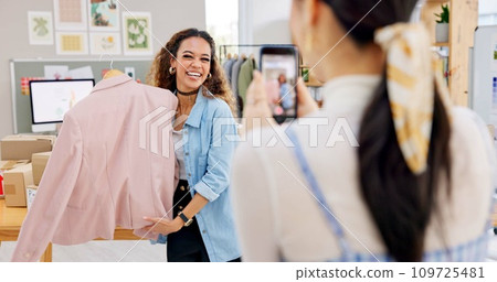 Fashion influencer, cellphone and women live streaming clothes presentation, style review or mobile app broadcast. Phone, content creator team and small business owner teamwork on retail commercial 109725481