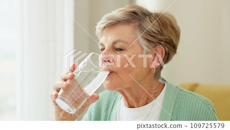 Health, wellness and senior woman drinking water for hydration and liquid diet detox at home. Weight loss, fresh and calm elderly female person enjoying glass of cold drink in modern retirement house 109725579