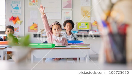 Education, question and students with girl in classroom for learning, discussion and knowledge. Help, studying and future with children and hands raised at school for why, scholarship and answer Education, question and students with girl in classroom for learning, discussion and knowledge. Help, studying and future with children and hands raised at school for why, scholarship and answer 109725650