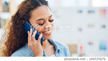 Creative, woman and phone call in startup for planning, conversation and contact with client on design ideas or work. Designer, communication and talking with person on cellphone about art project 109725679