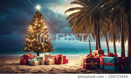 glowing Christmas tree with gift boxes on the ocean with palm trees. A tourist trip for Christmas and New Year to tropical countries, a vacation at the sea. Copy space. AI generated 109725684
