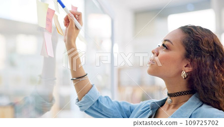 Thinking, planning board and professional woman, designer and analysis of project notes, fashion ideas or information. Strategy, reading and profile of entrepreneur brainstorming development process Thinking, planning board and professional woman, designer and analysis of project notes, fashion ideas or information. Strategy, reading and profile of entrepreneur brainstorming development process 109725702