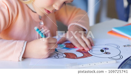 Girl child, drawing and color in classroom, learning and development with art, animal sketch or paper at desk. Female kid, writing and notebook for bear, education or pen for study, academy or school Girl child, drawing and color in classroom, learning and development with art, animal sketch or paper at desk. Female kid, writing and notebook for bear, education or pen for study, academy or school 109725741