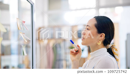 Thinking, planning board and Asian woman, designer and analysis of research project, ideas or information. Strategy notes, retail entrepreneurship and face profile of Japanese worker brainstorming 109725742