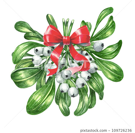 Watercolor Floral Mistletoe twig with a bow. Christmas wreath traditional decoration 109726236