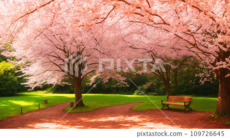 Illustration of cherry blossom landscape, cherry blossoms in full bloom and bench, AI generated image 109726645