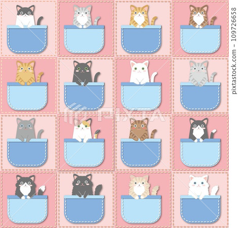 Cat in the pocket_cats with various patterns_blue pocket_pink background_set Cat in the pocket_cats with various patterns_blue pocket_pink background_set 109726658