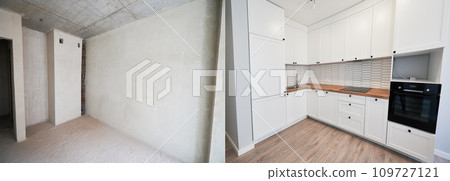 Comparison of old kitchen room and new place with parquet floor, kitchen counter, stove and white walls. Modern apartment before and after restoration or refurbishment. Home renovation concept. 109727121