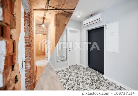 Comparison of old flat with underfloor heating pipes and new renovated apartment with modern interior design. Hallway with heated floor before and after renovation. 109727134