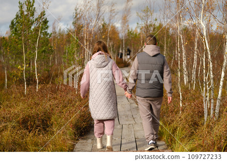 Two tourists walk along a wooden path in a swamp in Yelnya, Belarus 109727233