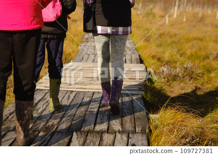 People in boots walk along a wooden path in a swamp in Yelnya, Belarus 109727381