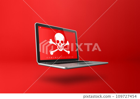Laptop with a pirate symbol on screen. Hacking concept Laptop with a pirate symbol on screen. Hacking concept 109727454