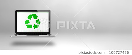 Laptop computer with a recycling symbol on screen. environmental conservation concept Laptop computer with a recycling symbol on screen. environmental conservation concept 109727456