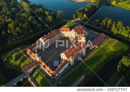 Top view of the Nesvizh Castle before sunset.Belarus 109727747