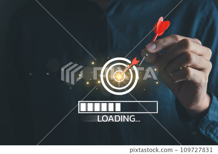 Businessman with goal or target dartboard and loading bar for goal setting in business and strategic plainning achievement concept. 109727831