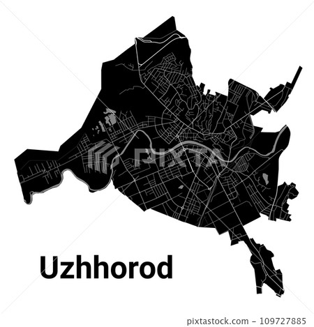 Uzhhorod city map, Ukraine. Municipal administrative borders, black and white area map with rivers and roads, parks and railways. Uzhhorod city map, Ukraine. Municipal administrative borders, black and white area map with rivers and roads, parks and railways. 109727885