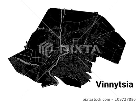 Vinnytsia city map, Ukraine. Municipal administrative borders, black and white area map with rivers and roads, parks and railways. 109727886