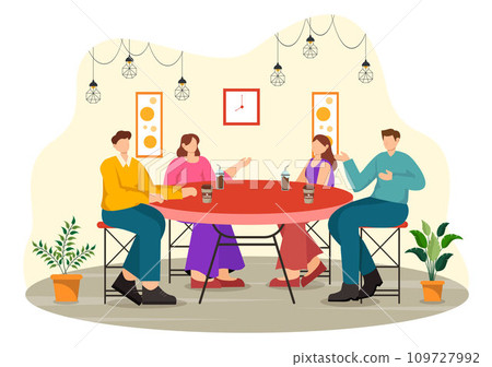 Double Date Vector Illustration with Two Couples who were Eating and Drinking Together in a Restaurant in Flat Cartoon Background Design 109727992