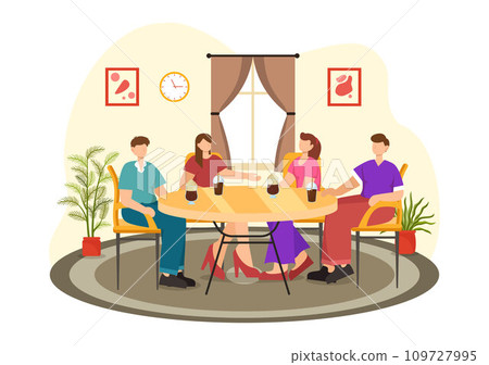Double Date Vector Illustration with Two Couples who were Eating and Drinking Together in a Restaurant in Flat Cartoon Background Design 109727995