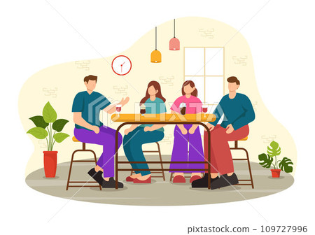 Double Date Vector Illustration with Two Couples who were Eating and Drinking Together in a Restaurant in Flat Cartoon Background Design 109727996