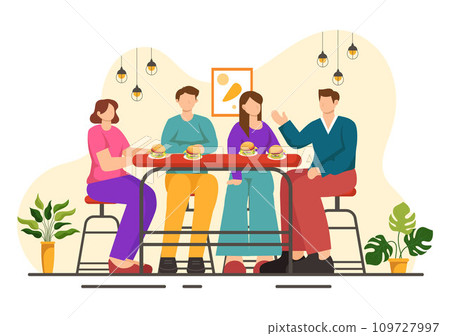 Double Date Vector Illustration with Two Couples who were Eating and Drinking Together in a Restaurant in Flat Cartoon Background Design 109727997