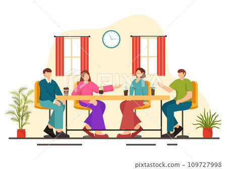Double Date Vector Illustration with Two Couples who were Eating and Drinking Together in a Restaurant in Flat Cartoon Background Design 109727998