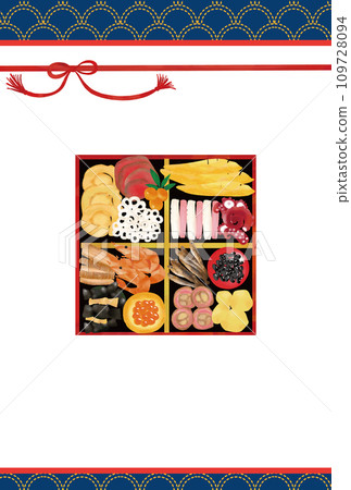 New Year's card Osechi and background Qinghai wave pattern vertical New Year's card Osechi and background Qinghai wave pattern vertical 109728094