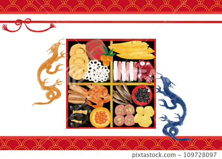 New Year's card 2024 Dragon Osechi background Qinghai wave (red) pattern New Year's card 2024 Dragon Osechi background Qinghai wave (red) pattern 109728097