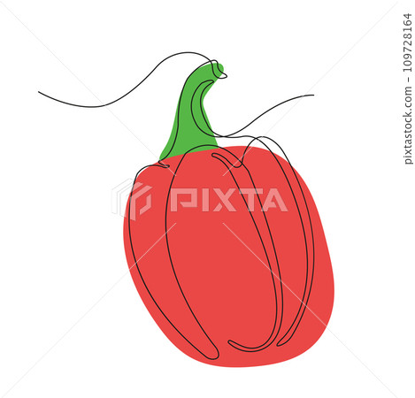 Pepper in continuous line art drawing style. One pepper minimalist black linear sketch with colored spots isolated on white background. Vector illustration Pepper in continuous line art drawing style. One pepper minimalist black linear sketch with colored spots isolated on white background. Vector illustration 109728164