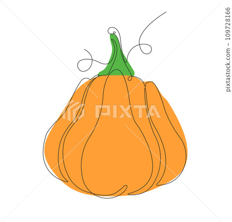 Pumpkin in continuous line art drawing style. One pumpkin minimalist black linear sketch with colored spots isolated on white background. Vector illustration 109728166