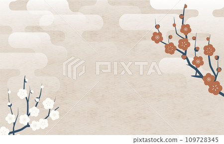 Background illustration of Japanese pattern of red plum, white plum and cloud Background illustration of Japanese pattern of red plum, white plum and cloud 109728345