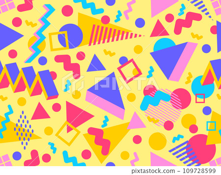 3D geometric seamless pattern in 80s style. 3d isometric triangles, zigzags and circles. Geometric memphis style. Design for promotional products, wrapping paper and printing. Vector illustration 3D geometric seamless pattern in 80s style. 3d isometric triangles, zigzags and circles. Geometric memphis style. Design for promotional products, wrapping paper and printing. Vector illustration 109728599