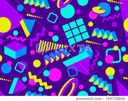 3D geometric seamless pattern in 80s style. 3d isometric triangles, zigzags and circles. Geometric memphis style. Design for promotional products, wrapping paper and printing. Vector illustration 3D geometric seamless pattern in 80s style. 3d isometric triangles, zigzags and circles. Geometric memphis style. Design for promotional products, wrapping paper and printing. Vector illustration 109728600