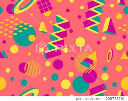 3D geometric seamless pattern in 80s style. 3d isometric triangles, zigzags and circles. Geometric memphis style. Design for promotional products, wrapping paper and printing. Vector illustration 109728601