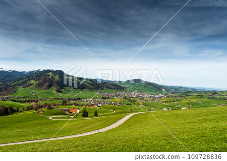The rolling hills of the Appenzell region in Switzerland with farm houses and green meadows  109728836