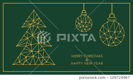 Merry Christmas and happy New Year. Template of a postcard, poster, banner and flyer with a Christmas tree and a festive toy 109728967