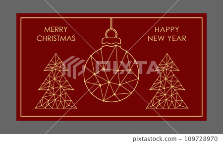 Merry Christmas and happy New Year. Template of a postcard, poster, banner and flyer with a Christmas tree and a festive toy Merry Christmas and happy New Year. Template of a postcard, poster, banner and flyer with a Christmas tree and a festive toy 109728970