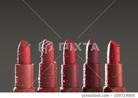Red lipsticks with water drops on a dark background. Red lipsticks with water drops on a dark background. 109729008