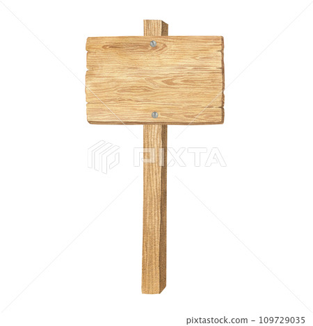 Watercolor illustration of wood texture, wooden plank or direction pointer signpost isolated. Handmade. 109729035