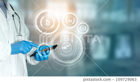 Doctor touching telephone to check patient Doctor touching telephone to check patient 109729063