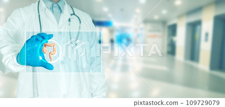 Doctor touching scan to check patient's colon with monitor 109729079