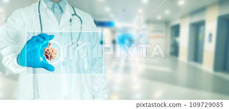 Doctor touching scan to check patient's intestine  109729085