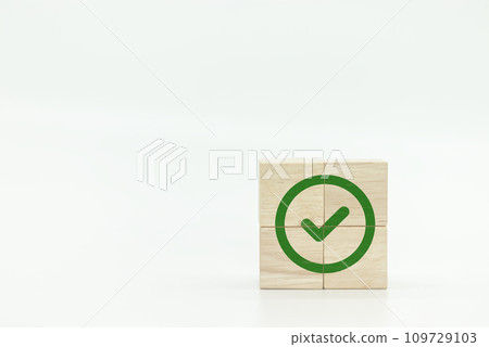 Wooden cube with green checkmark icon. 109729103