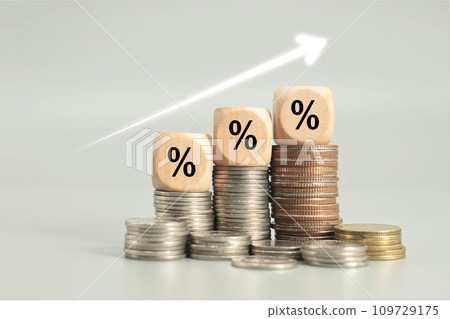 graph arrow and percent icon on wooden cube. inflation concept graph arrow and percent icon on wooden cube. inflation concept 109729175