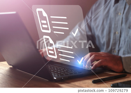 Businessman using laptop computer tick correct sign mark  109729279