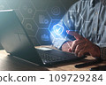 Businessman touching the icon of safety,Work safety concept. 109729284