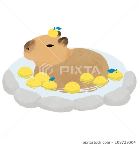 Illustration of a capybara soaking in yuzu hot water 109729304