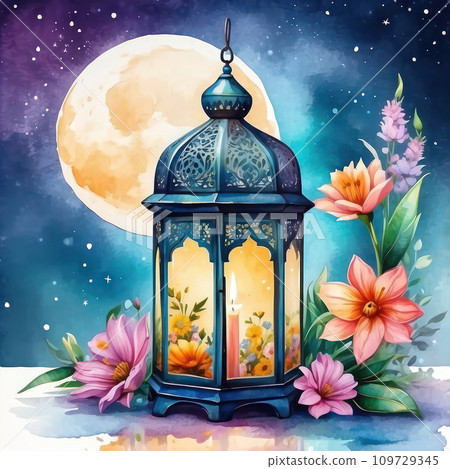 Ramadan Watercolor Clipart with Eid Mubarak,Islamic Lantern Moon Ramadan Watercolor Clipart with Eid Mubarak,Islamic Lantern Moon 109729345